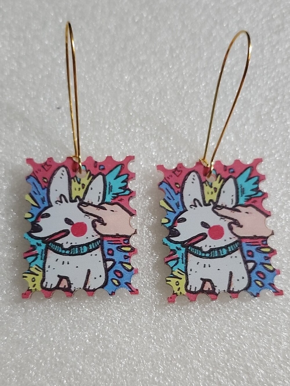 Hand Crafted White, Pink & Blue Dog Dangle Earrings